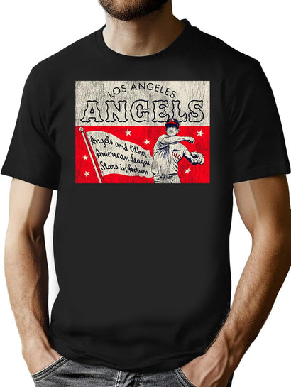 Vintage Baseball Angels Tin Sign Worn T-Shirt for Men & Women, T-Shirts Graphic Tee - Black