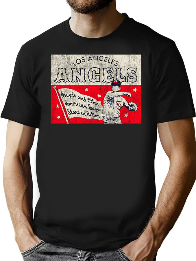 Vintage Baseball Angels Tin Sign Worn T-Shirt for Men & Women, T-Shirts Graphic Tee - Black