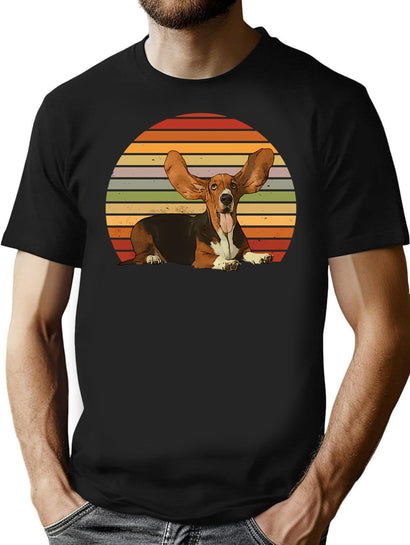 Vintage Basset Hound Retro Basset Hound Dog Basset Mom Basset Dad Sunset T-Shirt for Men & Women, T-Shirts Graphic Tee - Black