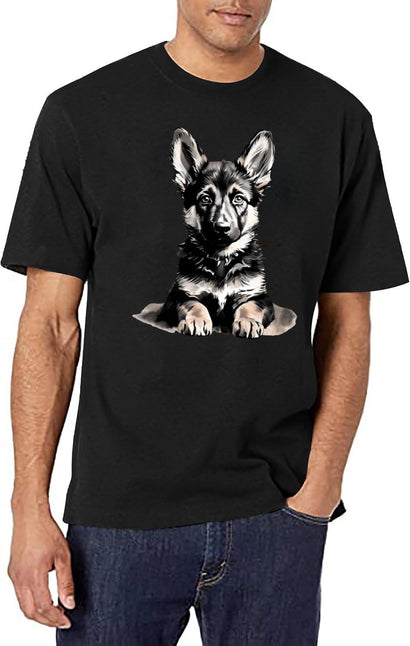 Vintage Dog Art German Shepherd Puppy Portrait T-Shirt for Men & Women, T-Shirts Graphic Tee - Black