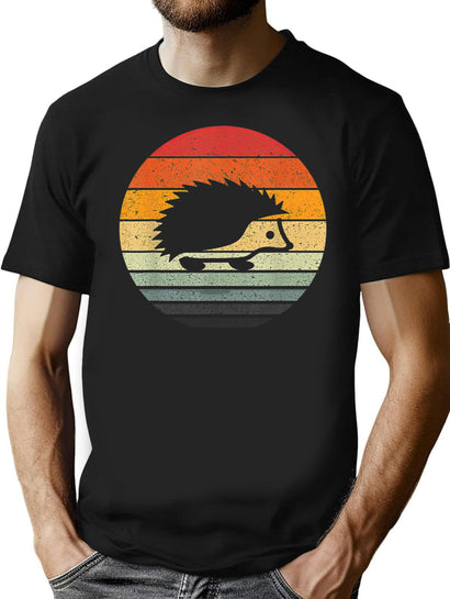Vintage Retro Sunset Hedgehog Funny Birthday Animal Lover T-Shirt for Men & Women, T-Shirts Graphic Tee - Black