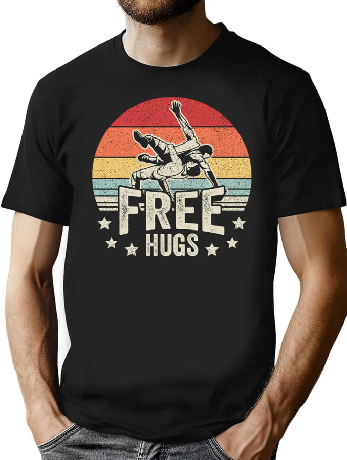 Vintage Retro Wrestling Funny Free Hugs Wrestling T-Shirt for Men & Women, T-Shirts Graphic Tee - Black