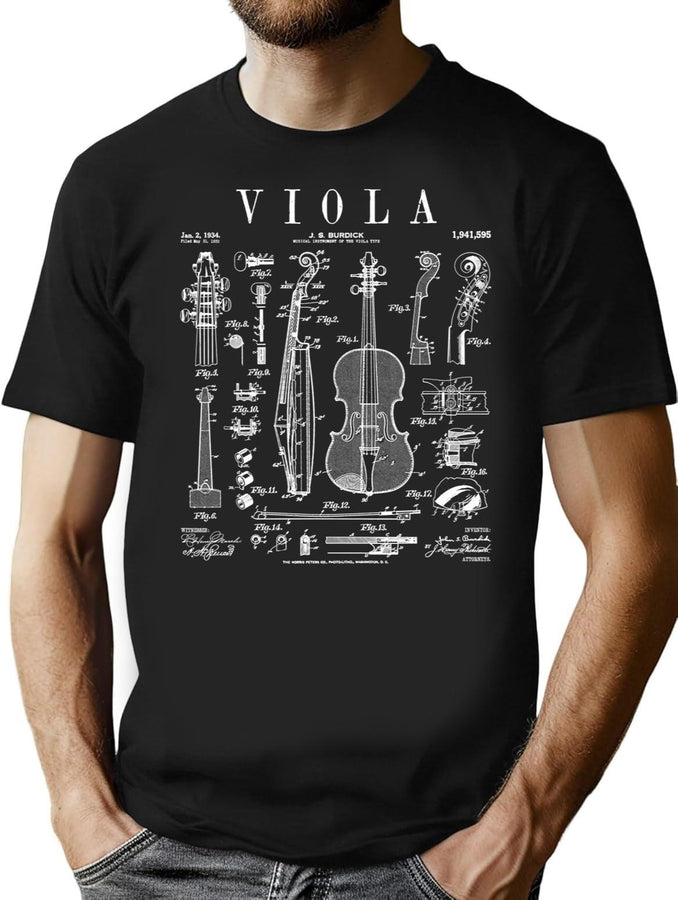 Viola Player Musician Musical Instrument Vintage Patent T-Shirt for Men & Women, T-Shirts Graphic Tee - Black