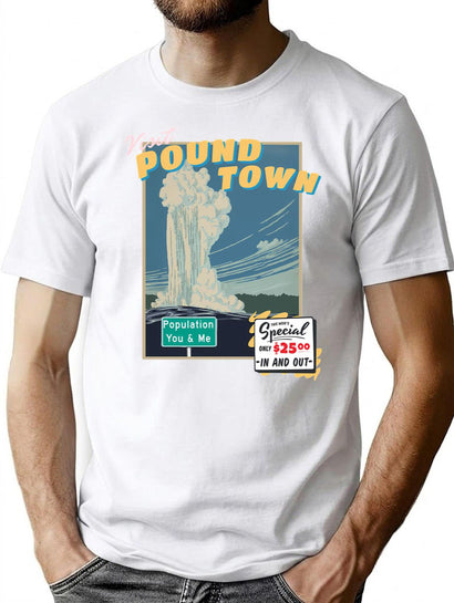 Visit Pound Town Funny Vintage Travel Poster T-Shirt for Men & Women, T-Shirts Graphic Tee - Black