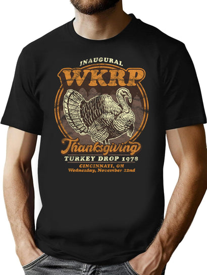 Wkrp Turkey Day Vintage Worn T-Shirt for Men & Women, T-Shirts Graphic Tee - Black