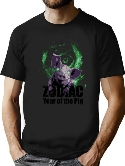 Zodiac Pig Bootleg Graphic T-Shirt - Black